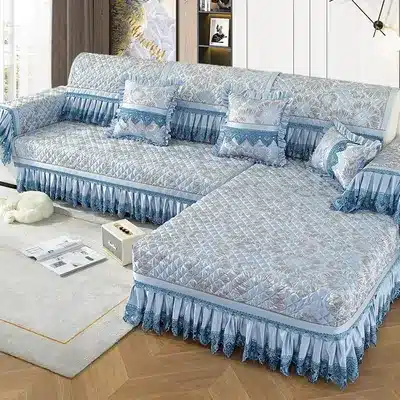 Luxury Quilted Sofa Cover Set with Frill Lace Design for L Shape Sofa